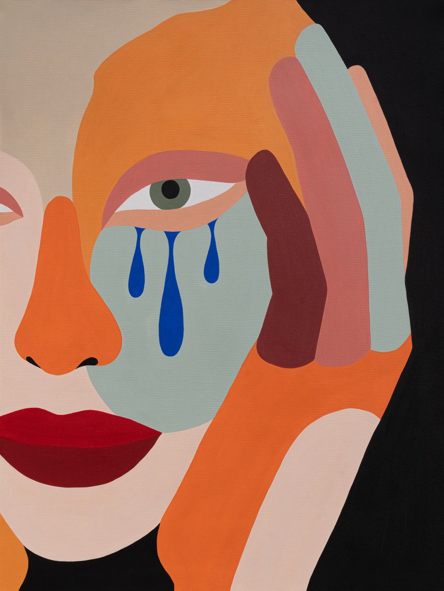 Geometric Portrait Acrylic Painting By Katalin Macevics, 37 X 49", Tears Of Reflection 2, Original Artwork