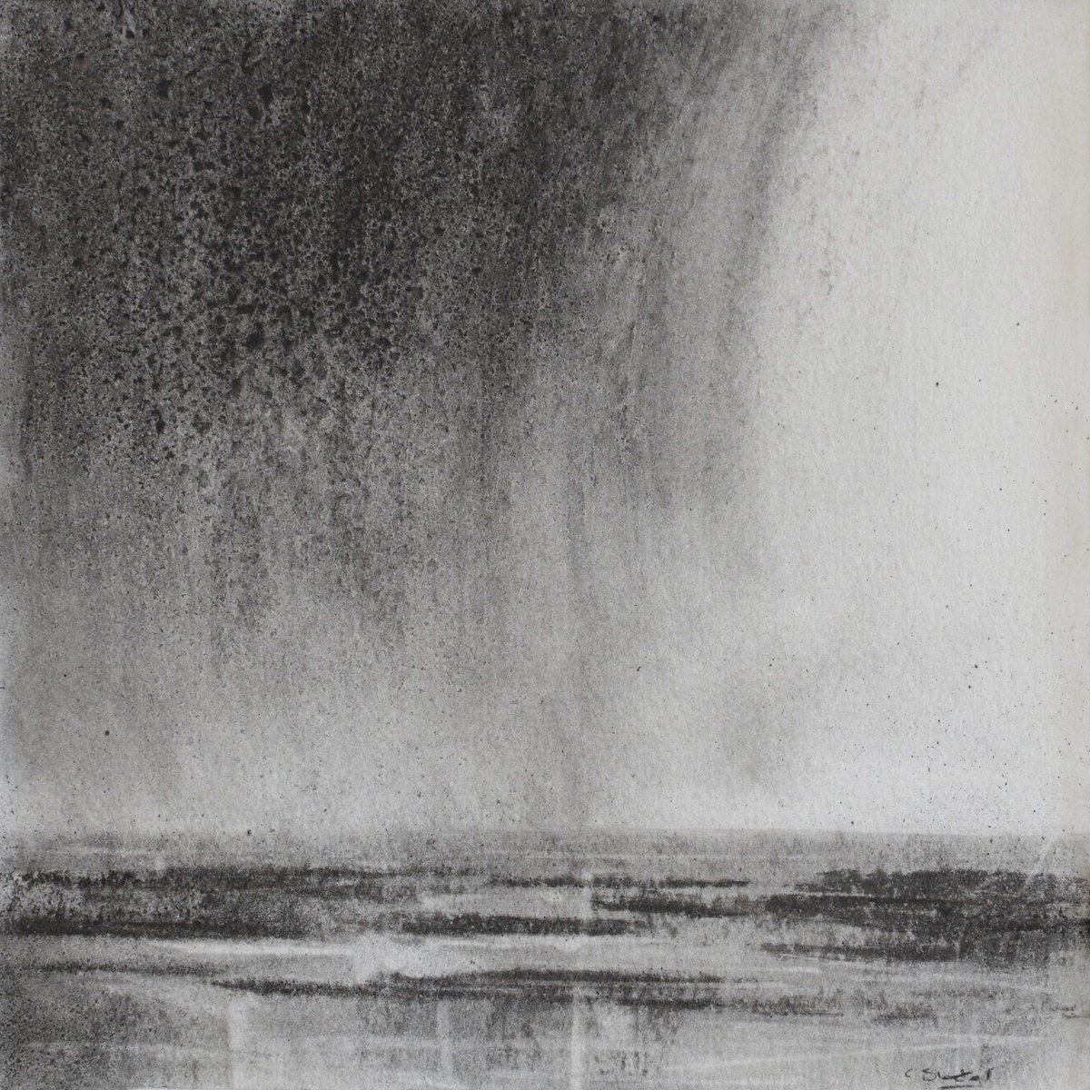 Expressive Landscape Charcoal Drawing By Colin Slater, 12 X 12, Charcoal Rain On The Beach, Original Artwork