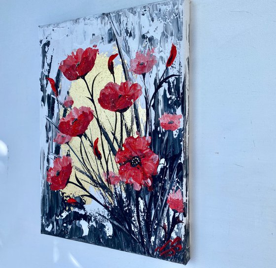 Abstract Textured Poppies on Gold Leaf