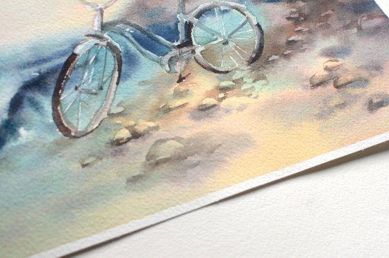 Bicycle by the sea, Watercolor painting