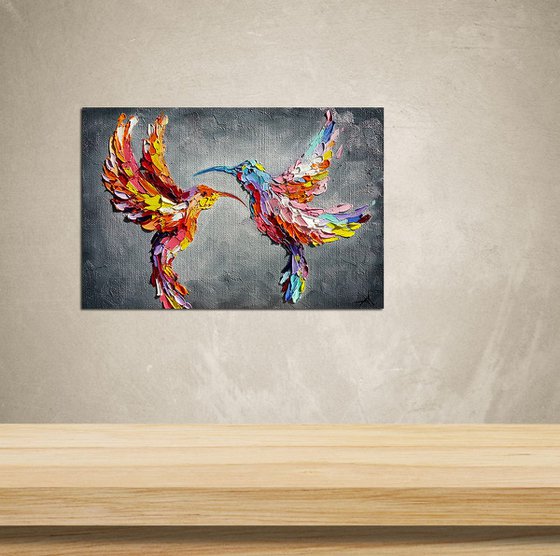 Kiss in flight - hummingbirds, birds, oil painting, love