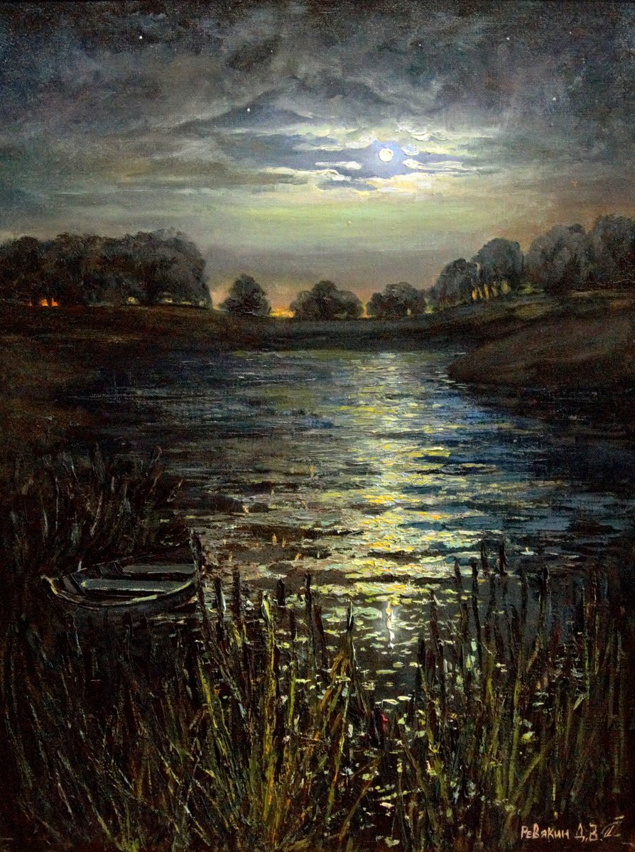 Full moon night landscape. Awarded internationally painting by Dmitry Revyakin