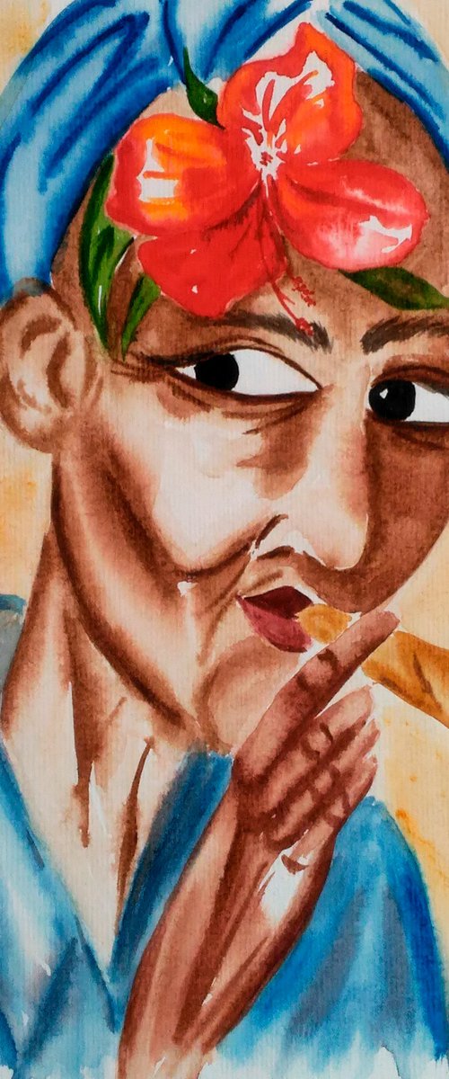 Flower Head Painting Portrait Original Art Cuban Watercolor Smoking Woman Small Artwork Home Wall Art 8 by 11" by Halyna Kirichenko by Halyna Kirichenko