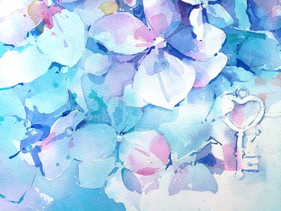 "Hydrangea in romantic color" original watercolor artwork
