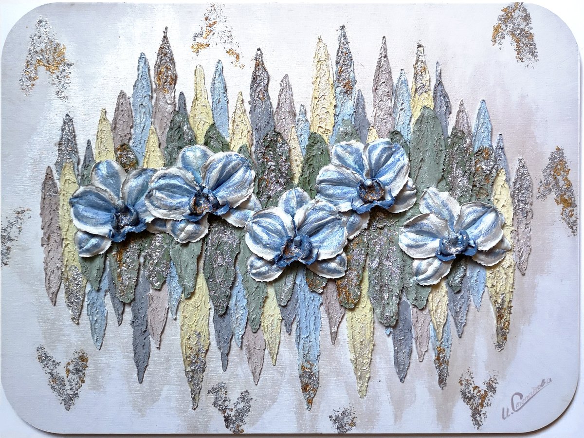 Abstract Botanical Relief By Irina Stepanova, 19 X 14, Blue And White Orchid Art, Original Artwork