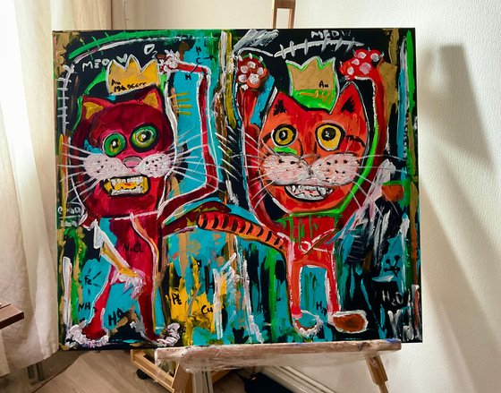 Cats kings alchemists friends in style of famous painting by Jean-Michel Basquiat.