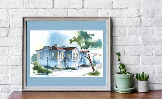 "Morning in a cottage town" architectural sketch in watercolor realism street