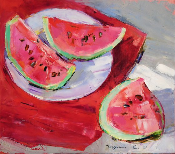 Watermelon . Summer Still Life . Original Oil Painting