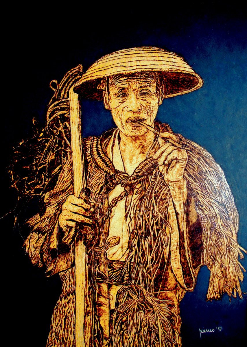 Expressive Painting , Old Chinese Fisherman By Milis Pyrography, 20 X 28, Artwork For Sale On Artfinder