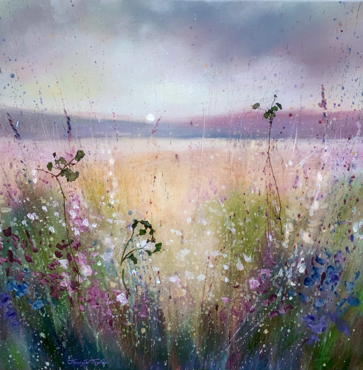 The First Light Of Spring - Oil On Linen With Real Pressed Wildflowers By Jennifer Taylor by Jennifer Taylor