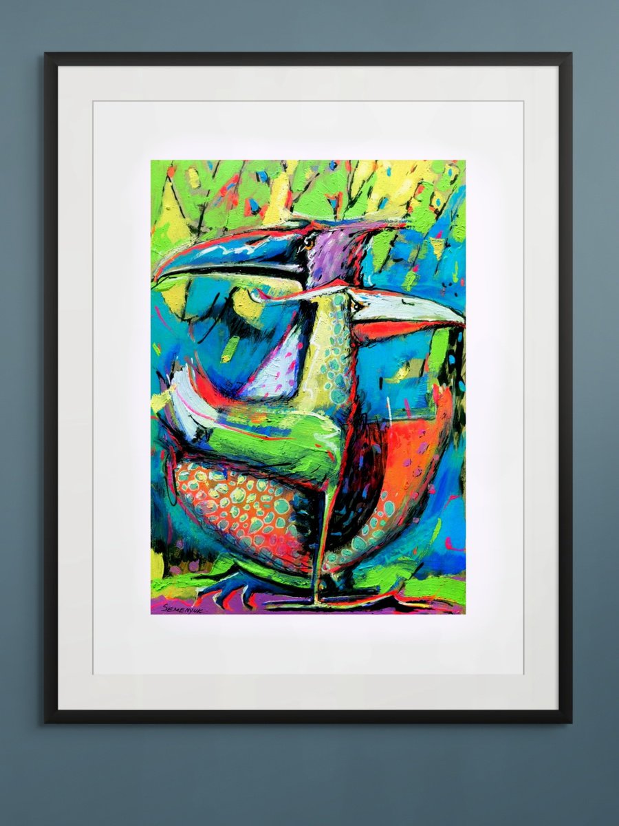 Impressionistic Animal Acrylic Painting By Evgen Semenyuk, 12 X 16, Abstract Birdies. Flight Plan, Original Artwork