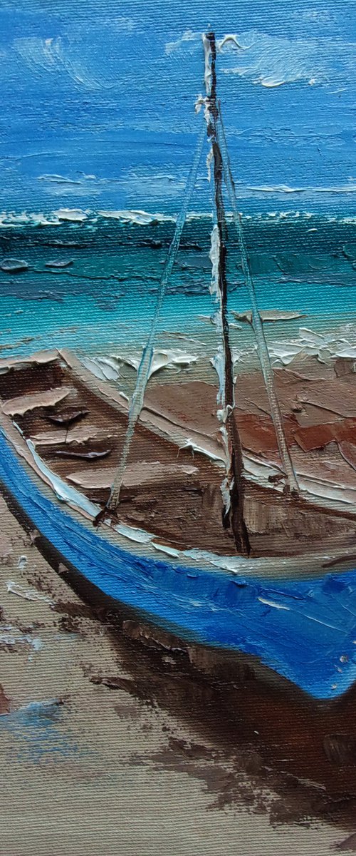 " BLUE BOAT " SHIP BOAT SAIL original painting palette knife GIFT MODERN URBAN ART OFFICE ART DECOR HOME DECOR GIFT IDEA by Monika Luniak