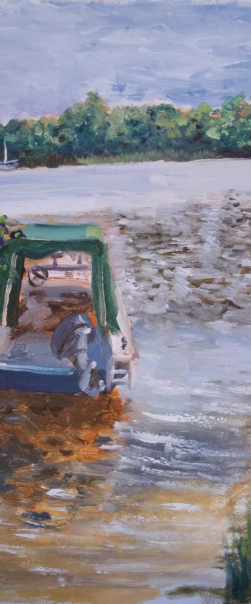 Motorboat on the river. Plein air painting by Dmitry Fedorov