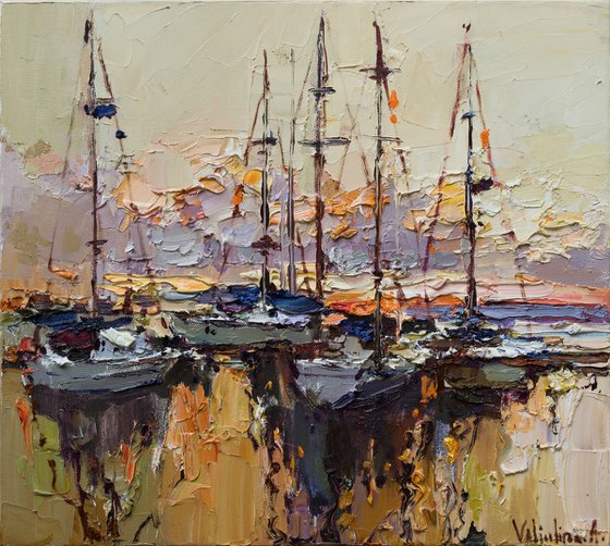 Sailing yachts at berth  Original seascape painting