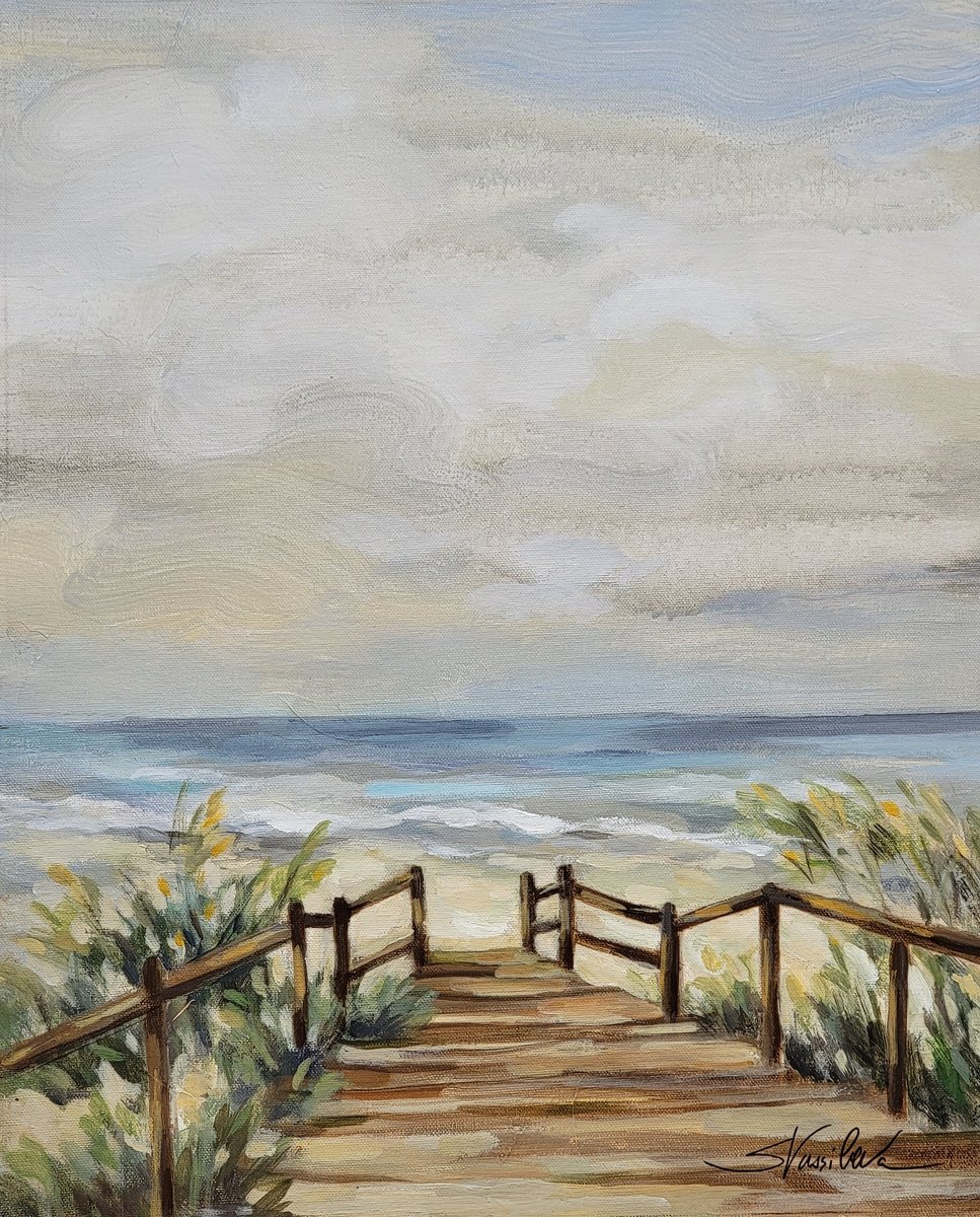 Impressionistic Landscape Acrylic Painting By Silvia Vassileva, 16 X 20", A Moment At The Beach, Original Artwork