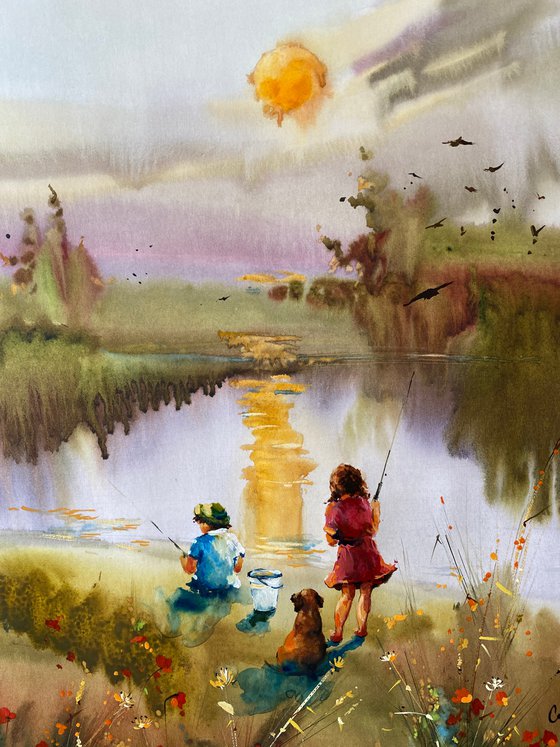 Sold Watercolor "Little fishermen", perfect gift