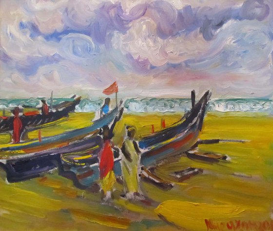 EVENING BEACH IN GOA. INDIA - landscape art, plage, sea, figurative