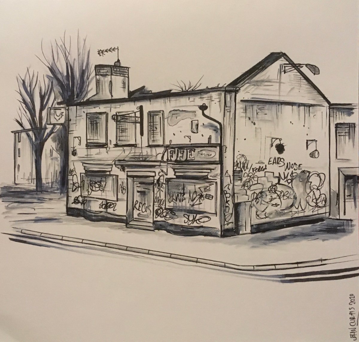 Illustrative Cityscapes Ink Drawing By John Curtis, 8 X 7, Abandoned Pub-The Redcliffe, Original Artwork