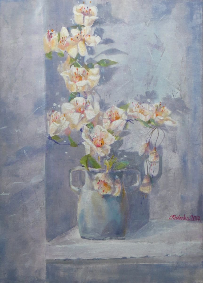 Impressionistic Botanical Acrylic Painting By Alexandra Krasuska, 20 X 28, Cherry Blossom Moment, Original Artwork