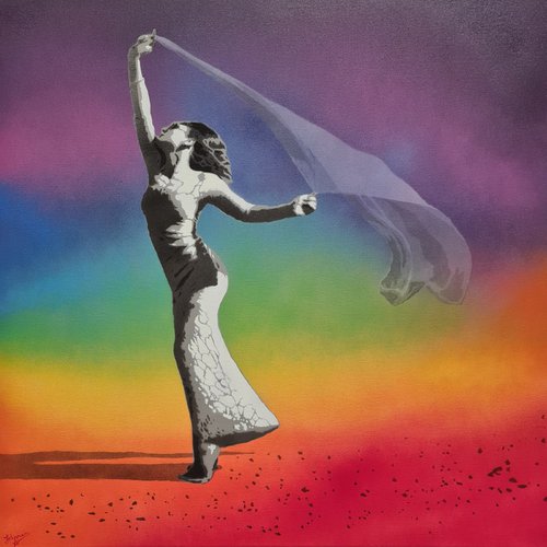 "Lost in a moment" - Spray paint, street art / pop art graffiti canvas depicting a Woman Dancing with vail / scarf in a Banksy style. by Johnman