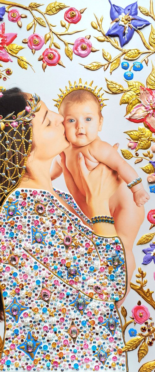 Fantasy photo collage painting Mother and child in fairy garden. Mixed media art with precious stones, rhinestones by BAST
