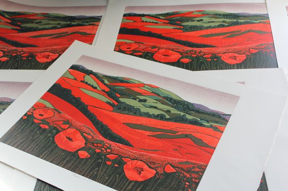 Poppies Unveiled - Linocut