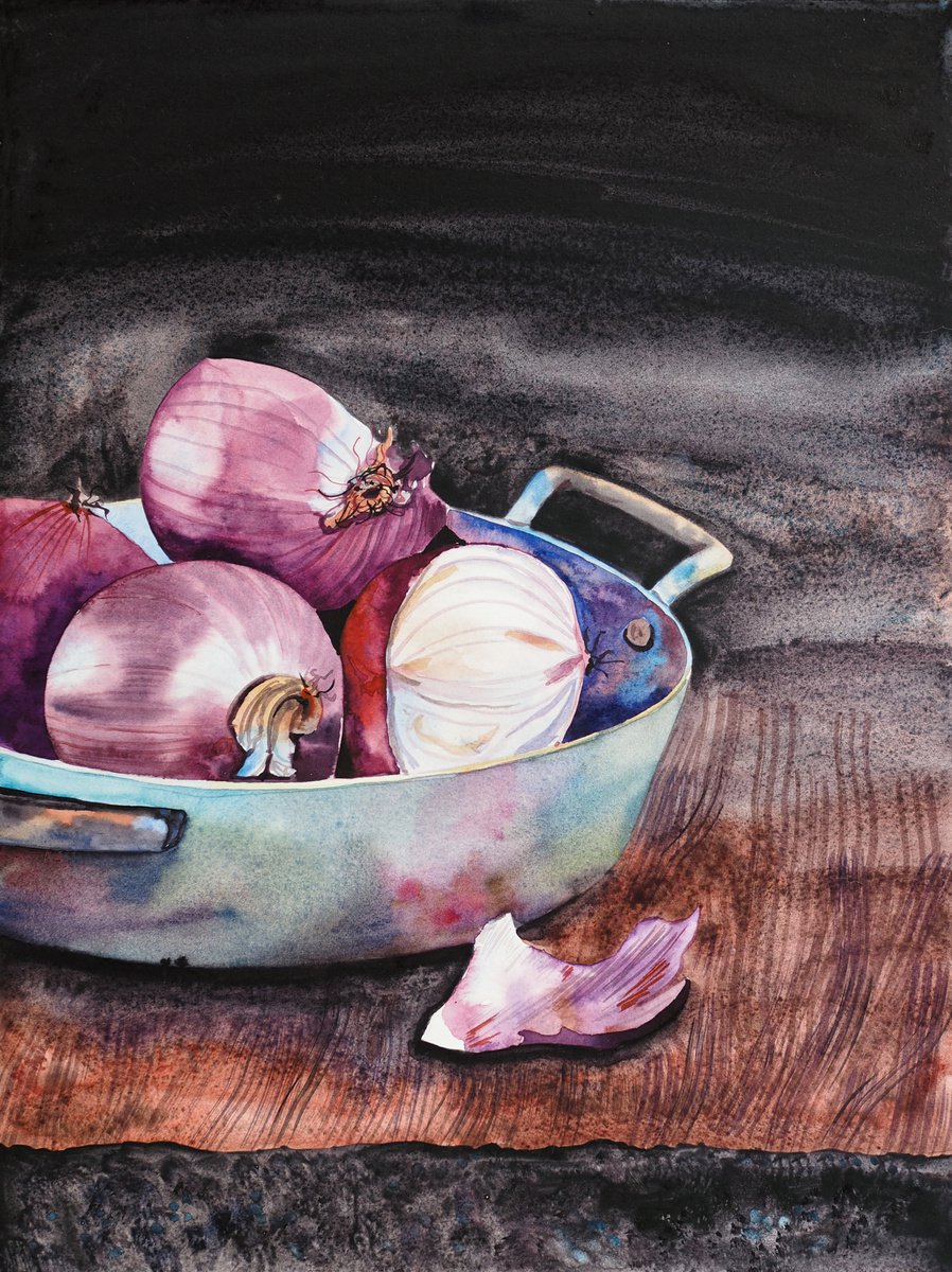Onions on darkness light - original watercolor artwork by Delnara El
