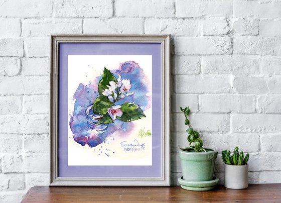 "Rainy day" - watercolor sketch with a sprig of white jasmine - series "Artist's Diary"
