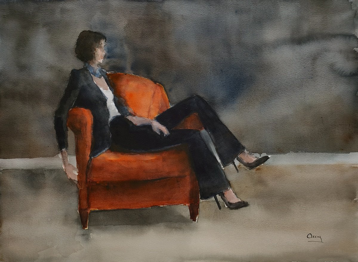 Impressionistic Portrait Watercolour By Oscar Alvarez Pardo, 30 X 21", W-N22, Original Artwork