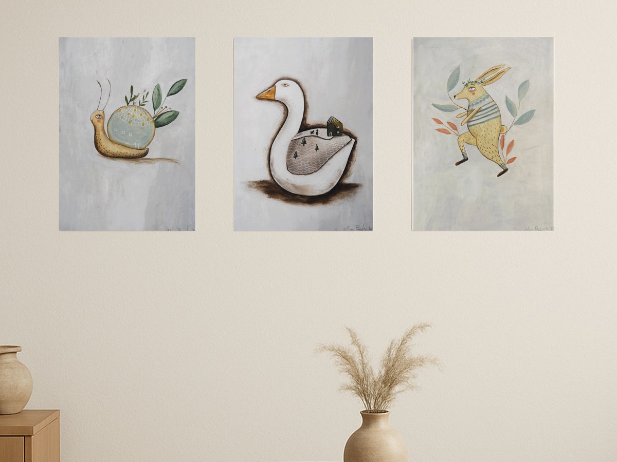 Illustrative Portrait Oil Painting By Silvia Beneforti, 25 X 12", Freaky Animals, Set Of 3, Original Artwork