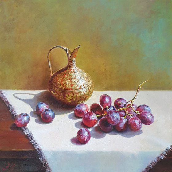 "Still life with grapes and an old brass jug." still life grapes old brass jug summer  liGHt original painting  GIFT (2020)