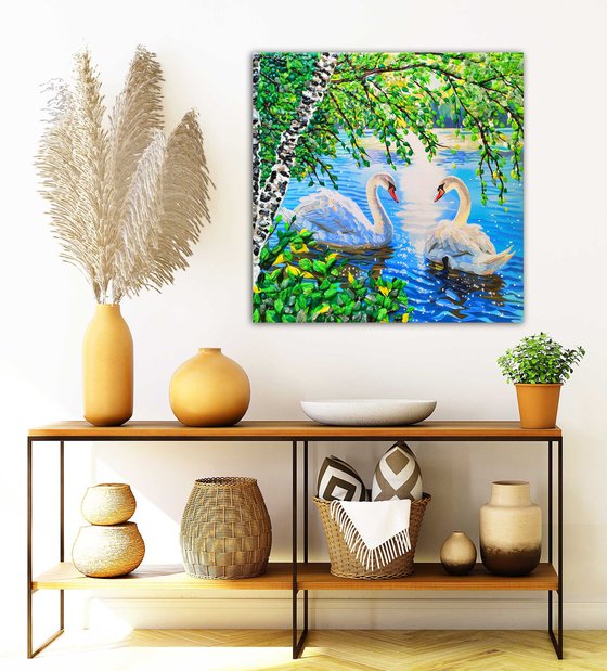 Two beautiful white swans in love on a summer lake (pond).  Decorative acrylic painting with precious stones. City landscape. Positive sunny good mood warm artwork. A wonderful gift for a couple, lovers, Wedding, Anniversary