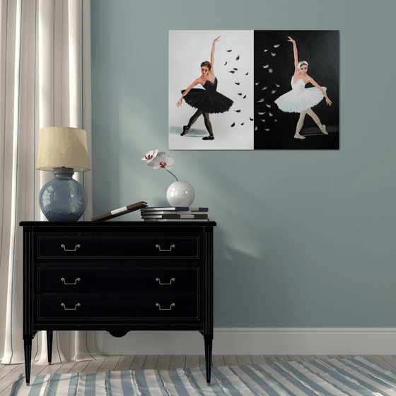 Black and White Swan. Ballet. Diptych /  ORIGINAL PAINTING