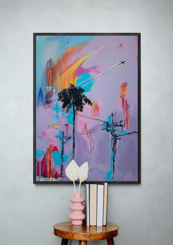 Pink artwork - "Flight to Los Angeles" - Pop Art - Violet painting - Palm - Street Art - Expressionism - Sunset