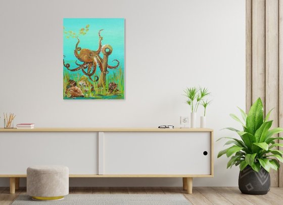 Octopus Acrylic Painting on Canvas 24"x18". Sea Life Modern Art (2020)