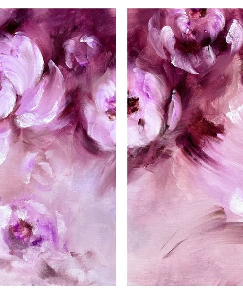 POWDER TOUCH 2 SET - Luxurious floral diptych. Pink mood. Charming panel of roses. Aroma. July. Flowerbed. Paradise place. by Marina Skromova