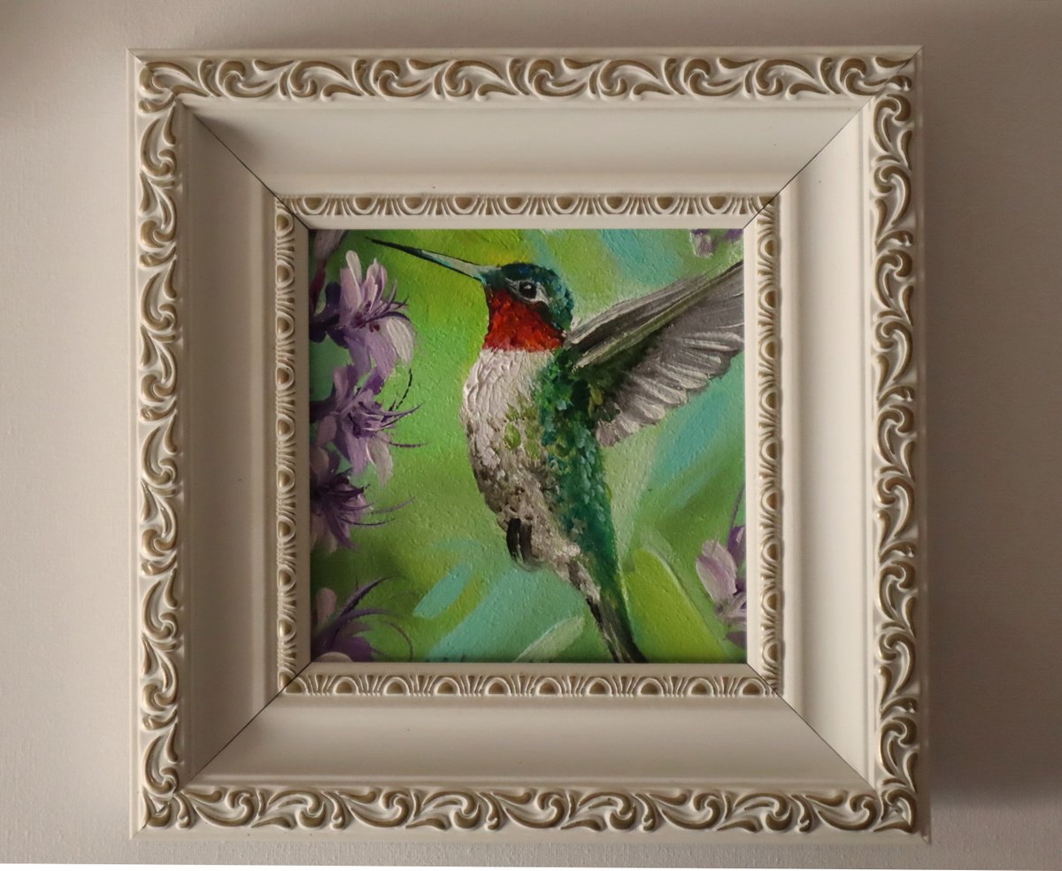 Original Painting of Hummingbird, Artwork framed 4x4 (10x10 cm), Backyard Birds Wall Art by Natalia Shaykina