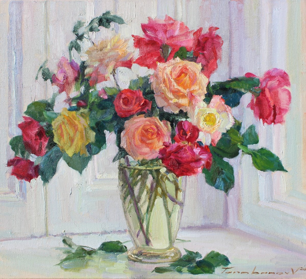 Impressionistic Botanical Oil Painting By Volodymyr Tarabanov, 20 X 18", Roses In A Glass Vase, Original Artwork