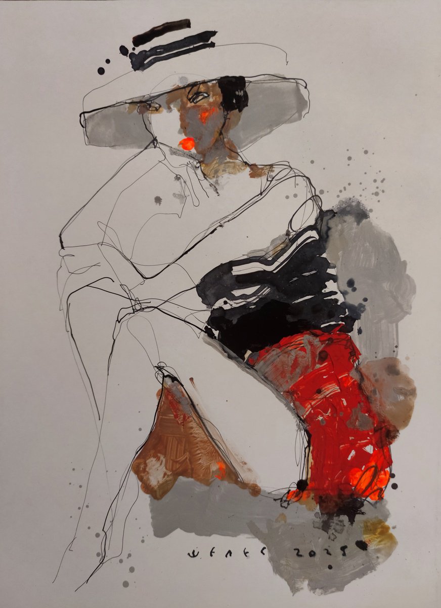 Expressive Portrait Ink Drawing By Victor Sheleg, 12 X 16", The Posing, Original Artwork