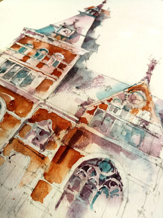 "Rijksmuseum Building. Amsterdam Netherlands" architectural landscape - Original watercolor painting