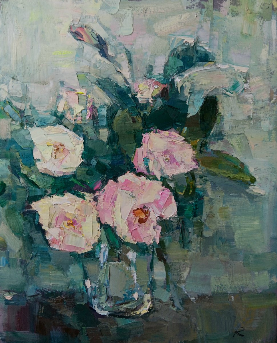 Impressionistic Botanical Oil Painting By Ruslan Khais, 21 X 26", Late Roses, Original Artwork