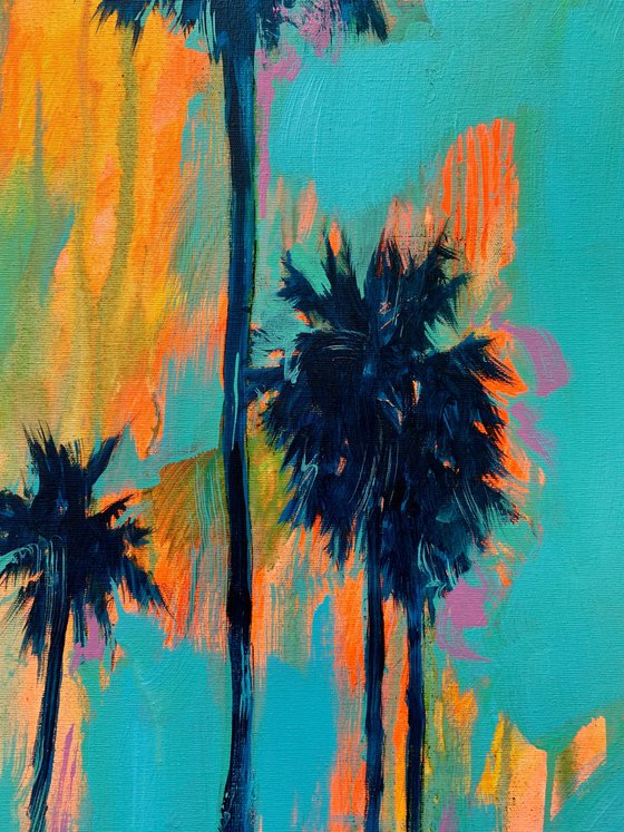 Blue&Orange artwork - "Pink sea" - Pop Art - Florida - California - Palms - Street Art - Expressionism - Sunset