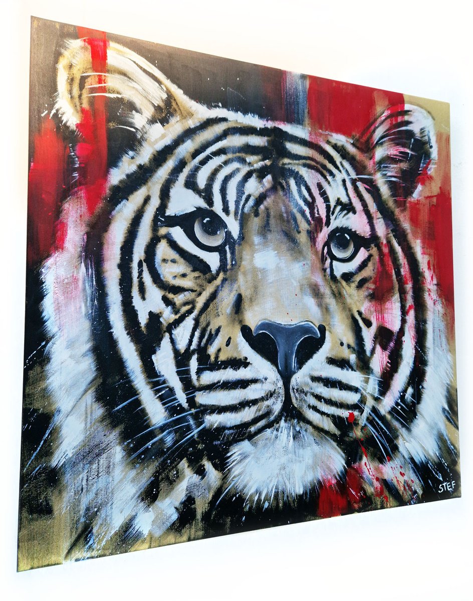 Expressive Animal Acrylic Painting By Stefanie Rogge, 39 X 39", Big Cat - Tiger #13, Original Artwork