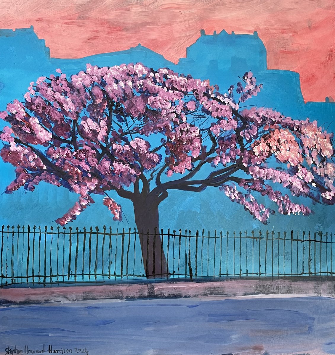 Expressive Cityscapes Oil Painting By Stephen Howard Harrison, 23 X 24", Edinburgh Castle With Tree, Original Artwork