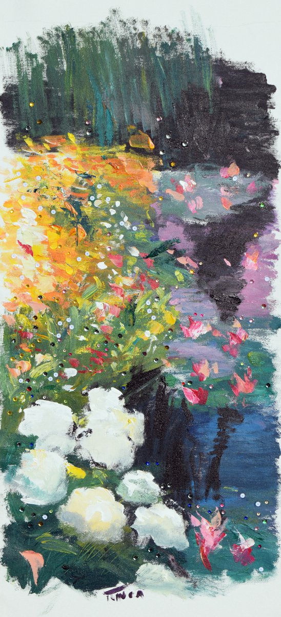 Impressionistic Botanical Painting By Catalin Ilinca, 20 X 42, Water Lily Pond, Original Artwork