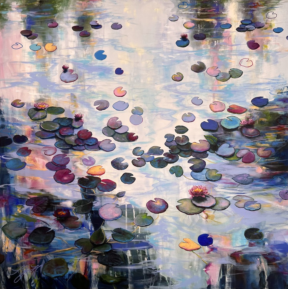 Impressionistic Landscape Acrylic Painting By Sandra Gebhardt-Hoepfner, 31 X 31", Happy At The Pond 3, Original Artwork
