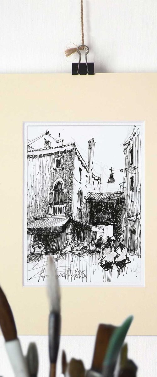 Walk in Venice, Venice Caffe, Original ink drawing. by Marin Victor