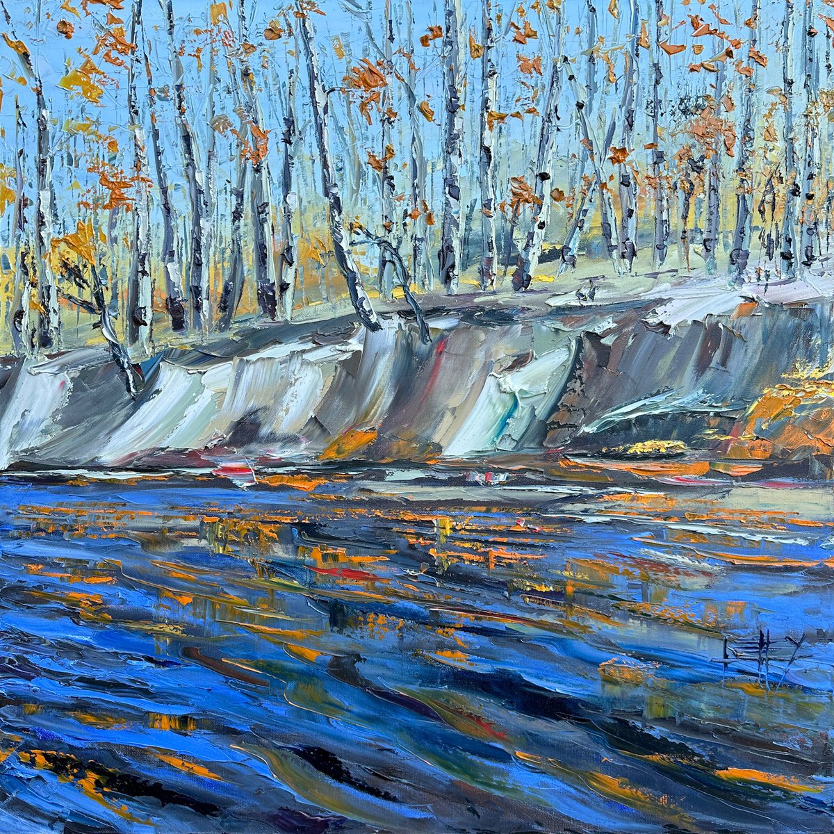 Impressionistic Landscape Oil Painting By Lisa Elley, 30 X 30", Aspen River, Original Artwork