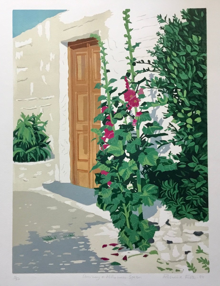 Botanical Linocut By Rosalind Forster, 15 X 18", Doorway And Hollyhocks Spetses, Original Artwork