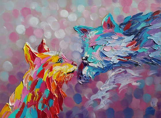 Contrast - cats in love, cats, love, cat, oil painting, cat oil painting, animals, pets, lovers, gift for lovers